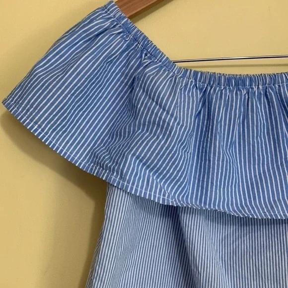 Lucky NWT Blue White Striped Ruffle Off Shoulder 100% Cotton Flounce Boxy Top S - Picture 3 of 12